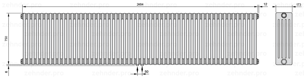 Схема (чертеж) Радиатор Zehnder Charleston 5075/54 №3470 Белый глянцевый RAL 9016